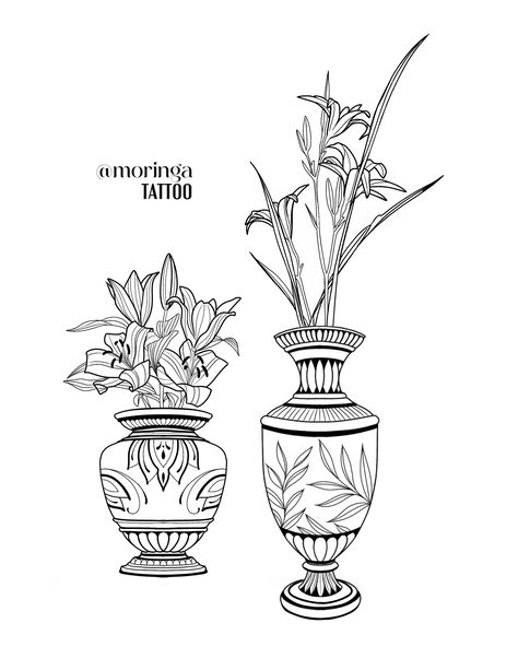 Vase Design Tattoo, Plant In Vase Tattoo, Flowers In Vase Tattoo, Traditional Vase Tattoos, Traditional Tattoo Vase, Vessel Tattoo, Vase Tattoo Design, Vase Tattoo, Optical Illusion Tattoos