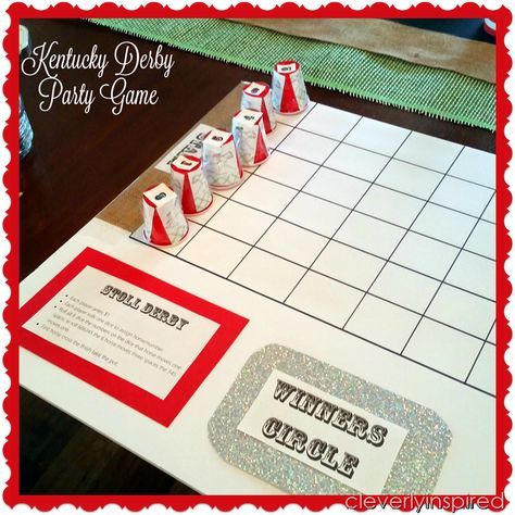 DIY horse racing game (derby party game) @cleverlyinspired (1) Diy Horse Racing Game, Derby Party For Kids, Derby Games For Kids, Diy Horse Race Game, Casino Party Games Diy, Derby Party Games Adults, Horse Racing Game Diy, Racing Party Games, Kentucky Derby Activities For Kids