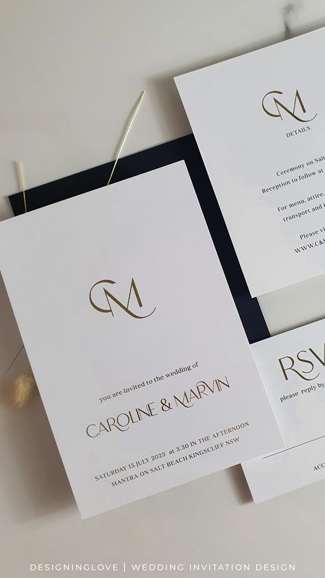 Loving this Monogram wedding invitation suite in gold foil on white cardstock. Add that feeling of luxury to your wedding with gold detail and a monogram that is modern classy and elegant all at once. Your invitations are the leading lady, the unforgettable first impression on your guests. Make them look twice with this collection and find out everything you need to know about your wedding invitations, and design them with confidence. Read more on the blog. Wedding Card Designs Modern, Initial Wedding Invitations, Embossed Monogram Wedding Invitations, White And Gold Invitations Wedding, Invitations Wedding Modern, Modern Glam Wedding Invitations, Modern Classy Wedding Invitations, Embossed Wedding Invitations Elegant, Wedding Monogram Invitation