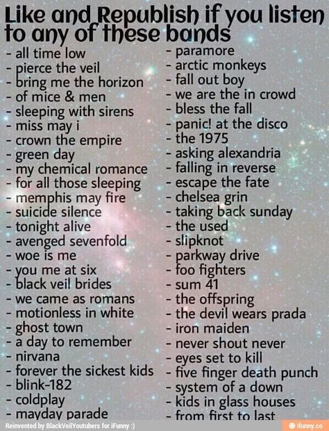 All time low Pierce the Veil Bring Me the Horizon Sleeping With Sirens Green Day My Chemical Romance Black Veil Brides Nirvana Fall Out Boy Panic! At the Disco Linking Park, Tenacious D, Band Quotes, Emo Memes, Falling In Reverse, Of Mice And Men, All Time Low, Band Memes, Panic! At The Disco