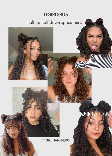 Space Buns Curly Hair, Buns Curly Hair, Hair Space Buns, Two Buns, Space Buns, Hair Stylist Life, Half Up Hair, Curly Girl, Curly Hairstyles