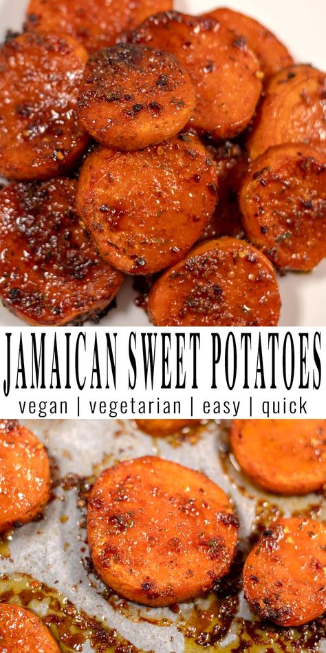 his Jamaican Sweet Potato recipe is easy to make and full of vibrant flavors, boasting a harmonious blend of island spices and natural sweetness. Bursting with Caribbean flair, this Jamaican classic dish offers a tantalizing combination of tender sweet potatoes, aromatic herbs, and a hint of heat, promising a culinary escapade for your palate. #contentednesscooking #vegan #vegetarian #sweetpotatoes Quick Easy Dinner Sides, Health Potato Recipes, Caribbean Sweet Potato Recipes, Jamaican Potatoes, Jamacian Food Sides, Plant Based Sweet Potato Recipes, Jamaican Vegan Recipes, Vegan Caribbean Recipes, Jamaican Dinner Recipes