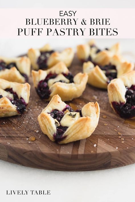 These easy blueberry brie puff pastry bites are the perfect little appetizers you can throw together for any holiday gathering. With only 5 ingredients and filled with gooey brie and jammy wild blueberries, they're sure to please all of your guests! Brie Bites Puff Pastry, Blueberry Brie, Blueberry Bites, Puff Pastry Bites, Pastry Bites, Brie Puff Pastry, Brie Appetizer, Brie Bites, Cheese Puff Pastry