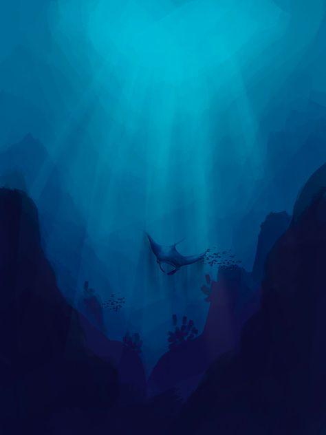 Underwater Digital Art Tutorial, Underwater Art Background, Under Water Concept Art, Underwater Sea Drawing, Sea Wallpaper Drawing, Jellyfish Underwater Drawing, Underwater Ocean Drawing, Ocean Surface Drawing, Deep Sea Painting Underwater