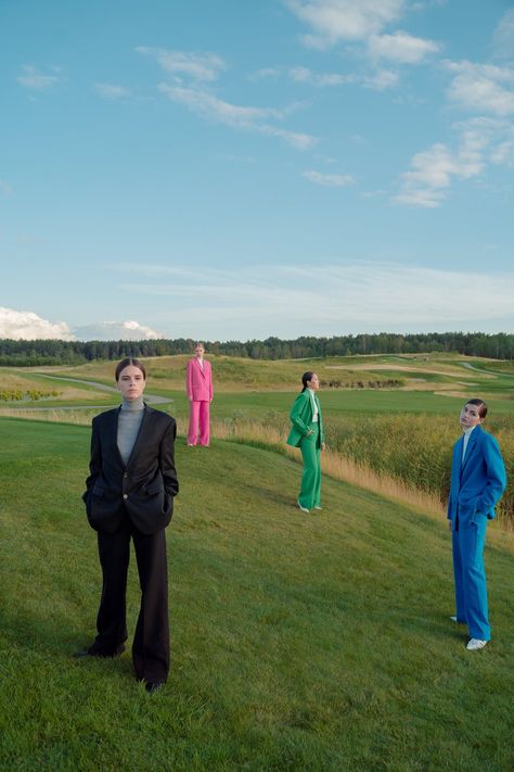 Colored Suits, Streetwear Photoshoot, Grass Landscape, Couple Fashion, Group Photography, Outdoor Photoshoot, Band Photos, Social Distance, Outdoor Photos