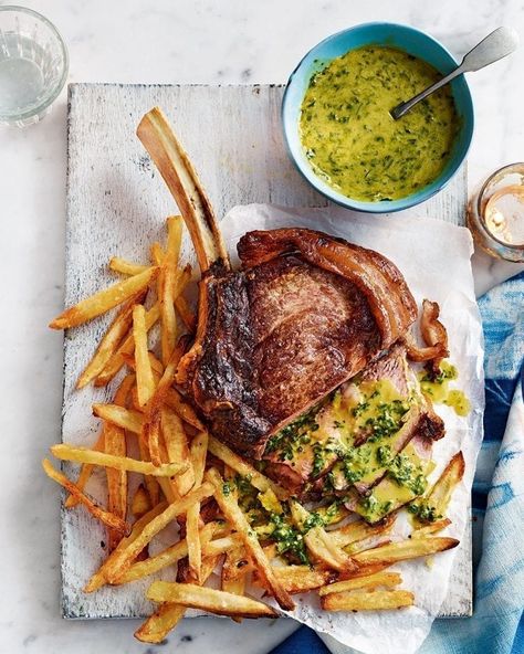 Rib steak for two with pesto hollandaise and skinny oven chips | delicious. magazine Steak Dinners For Two, Oven Chips, Steak And Chips, Rib Steak, Sauce Hollandaise, Pan Seared Salmon, Delicious Magazine, Chips Recipe, Steak Dinner