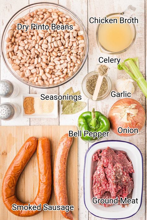 ingredients for some crock pot beans and ham laid out Crockpot Pinto Beans Recipe, Crock Pot Beans, Crock Pot Pinto Beans, Beans Recipe Crockpot, Pinto Beans Recipe, Crock Recipes, Pot Beans, Food Substitutes, Food Substitutions Healthy