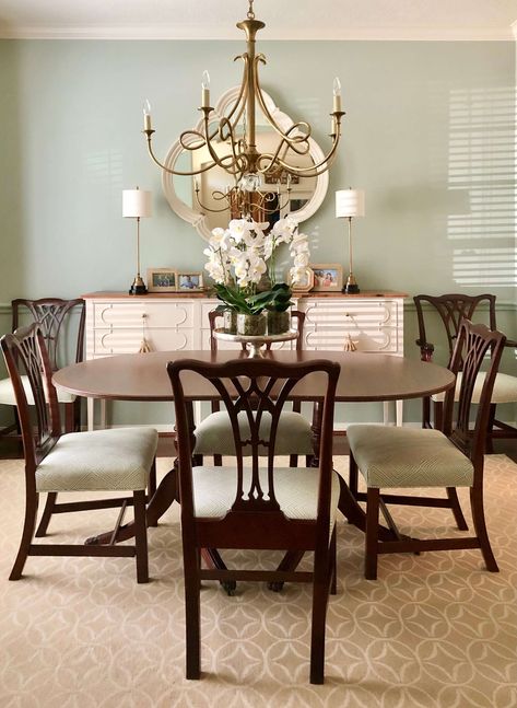 AFTER - Traditional dining room furniture with an updated look, including a new, more clean-lined chandelier. Carla Aston, Designer Dining Chandelier Ideas Traditional, Casual Elegant Dining Room, How To Modernize A Traditional Dining Room Set, Dining Room Lighting Traditional, Dining Room Decor Traditional Dark Wood, Semi Formal Dining Room, Dining Room Chandelier Ideas Traditional, Elegant Chandeliers Dining Room, Updated Dining Room Ideas