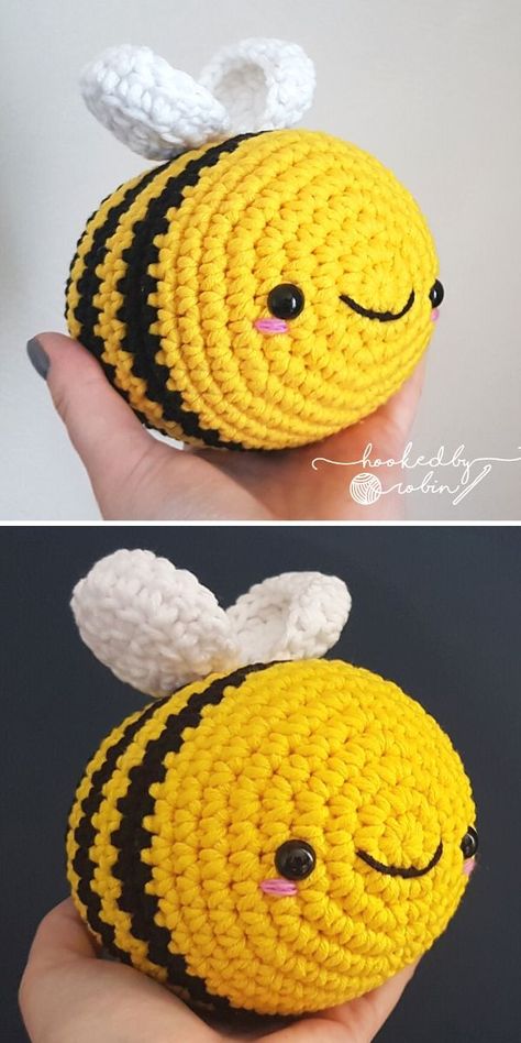 Cute And Happy Crochet Amigurumi Bees.  This chunky and bulky bumblebee is such a cutie, I can't even! What's more, due to the rounded shape, it's a very simple and easy to crochet pattern, that will be a stunning part of your baby nursery or a cute porch decoration!   #freecrochetpattern #amigurumi #bee Bee Toys, Crochet Toys Free, Crochet Bee, Crochet Amigurumi Free, Crochet Animal Patterns, Diy Crochet Projects, Crochet Toys Patterns, Crochet Patterns Amigurumi, Crochet Afghan