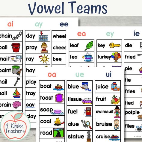 Vowel Teams for Kindergarten - 4 Kinder Teachers Vowel Pairs Worksheet, Vowel Teams Poster, Vowel Teams Worksheets, Vowel Pairs, Long Vowel Worksheets, Vowel Team Words, Vowel Practice, Teaching Vowels, Phonics Printables