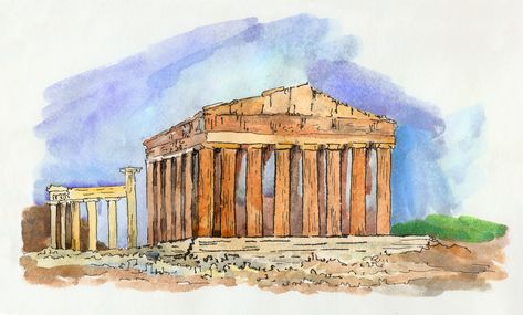 Acropolis Of Athens Sketch, Athens Watercolor Painting, Ancient Art Drawing, Famous Landmarks Drawing, Ancient Greek Architecture Drawing, Acropolis Drawing, Ancient Greece Landscape, Parthenon Drawing, Ancient Greece Drawing