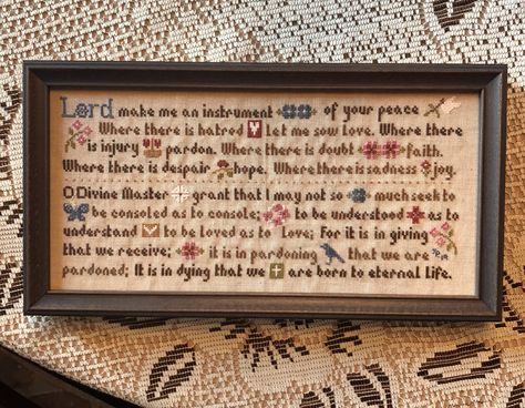 Cross stitch on linen❤️ Cross Stitch On Linen, St Francis Prayer, St Francis, Crochet Stitches, Embroidery Stitches, Sewing Patterns, Cross Stitch, Embroidery, Sewing