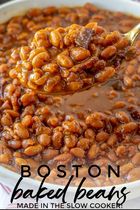 This Slow Cooker Boston Baked Beans recipe is everything baked beans should be: thick, saucy, savory with a touch of sweet. Come see how I made the classic Boston Baked Beans recipe easier by making it in the slow cooker! Boston Baked Beans Recipe, Pork And Beans Recipe, Beans Recipe Crockpot, Baked Beans Crock Pot, Slow Cooker Baked Beans, Best Baked Beans, Beans In Crockpot, Bean Dishes, Baked Beans Recipe