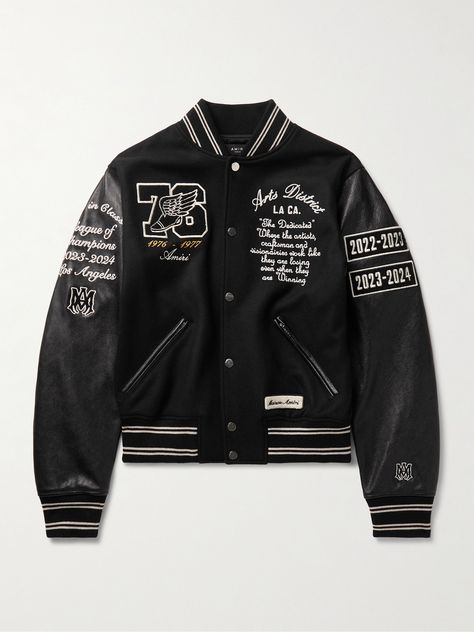 Reworked for the Spring '24 season, AMIRI's "heirloom" varsity jacket is inspired by collegiate and Americana styles. It's made from a Melton wool-blend with leather sleeves and detailed with chain-stitched embroidery, appliqué patches and striped ribbed trims. The large eagle at the back ties into the label's notion of never settling for anything "less than greatness".