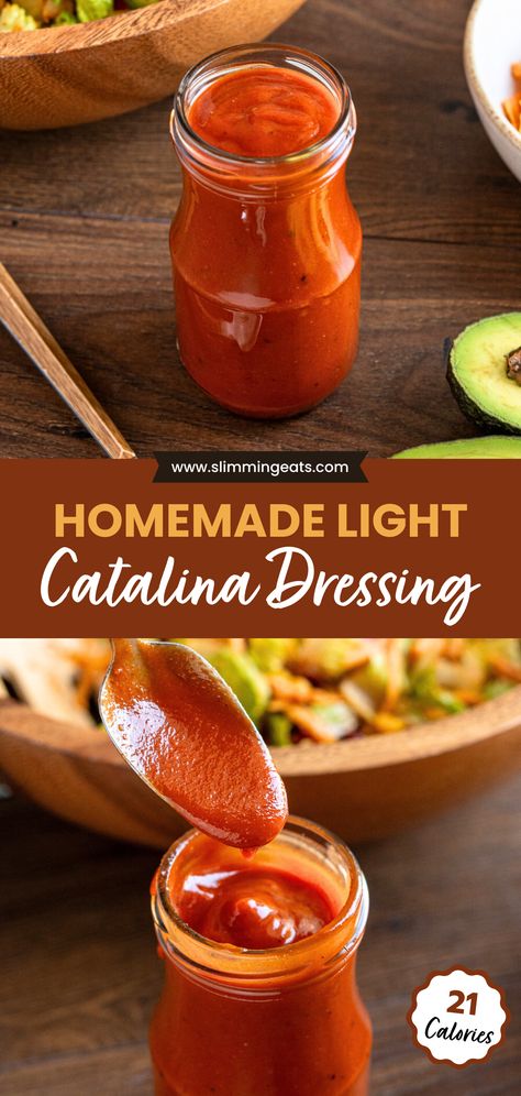 A quick and easy to prepare Homemade low-calorie Catalina dressing recipe that's bursting with zest and zing. Quick Vinaigrette Dressing Recipe, Low Calorie Dressing For Salads, Low Cal Dressing Recipes, Low Calorie Sauce Recipes, Homemade Low Calorie Salad Dressing, Low Calorie Dressing Recipe, Caesar Vinaigrette Dressing, Low Calorie Salad Dressing Recipes, Homemade Catalina Dressing