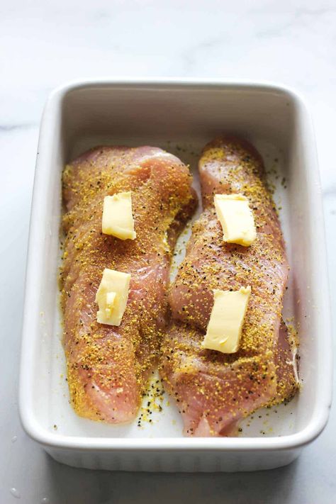 pieces of butter on top of turkey tenderloin before baking Marinated Turkey Tenderloin Recipes, Turkey Tenderloin Recipes Baked, Turkey Tenderloin Recipes Oven, Baked Turkey Tenderloin, Turkey Fillet Recipes, Lemon Pepper Turkey, Tenderloin Recipes Oven, Tenderloin Crockpot, Turkey Cutlet Recipes