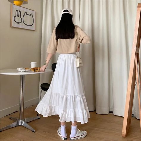 YesStyle discount code: OLIVIASOJO | afilliate code, links | Tiered Midi A-Line Skirt White Maxi Skirt Outfit, Skirt Outfits Korean, Skirts Korean, Long Pleated Skirt, Rok Plisket, Long Skirt Outfits, White Maxi Skirts, Maxi Skirt Outfits, Pleated Long Skirt