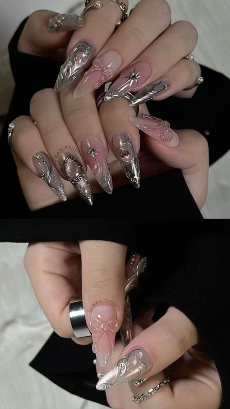 Douyin Grey Nails, Cute Long Nails Ideas Simple, Dark Style Nails, Y2k Birthday Nails, Korean Nails Acrylic, Long Goth Nails, Ballet Core Nails, Cybergoth Nails, Ulzzang Nails