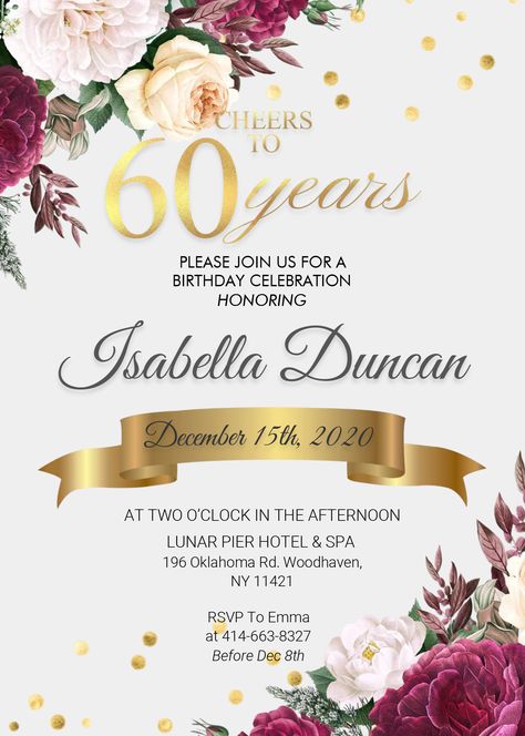 Free Floral 60th Birthday Invitation Templates - Editable With MS Word #free #freeinvitation2019 #birthday #disney #invitations #invitationtemplates Invitation Card For 60th Birthday, 60th Birthday Invitation Card Template, 60th Invitations Birthday, 60th Birthday Ideas For Mom Invitations, 60th Bday Invitation Ideas, 60th Birthday Invite Template, 60 Invitation 60th Birthday, 60th Birthday Invitation Template Free, 60th Invitation Ideas