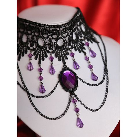 Gothic Victorian Antique style Burlesque Lace Black, Purple or Green... ($33) ❤ liked on Polyvore featuring jewelry, necklaces, gothic choker necklace, bead necklace, pendants & necklaces, purple necklace and black choker Kalung Choker, Purple Choker, Gothic Choker Necklace, Purple Gothic, Gothic Choker, Goth Choker, Gothic Chokers, Necklace Bead, Gothic Victorian