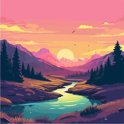 Vector a painting of a river in a mounta... | Premium Vector #Freepik #vector #vector-illustration #nature-background #landscape-vector #lowpoly Vector Landscape Wallpaper, Mountain Sunset Illustration, Sunset River Painting, River Vector Illustration, Landscape Vector Art, Mountain River Illustration, Landscape Illustration Wallpaper, Mountains With River, Land Background