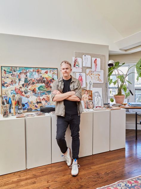 IKEA Storage Doubles as a Paint Easel in Jordan Ferney’s Apartment Art Studio | domino Apartment Art Studio, Ikea Office Storage, Paint Easel, Jordan Ferney, Ikea Art, Art Studio Storage, Ikea Office, Live Work Space, Ikea Ivar