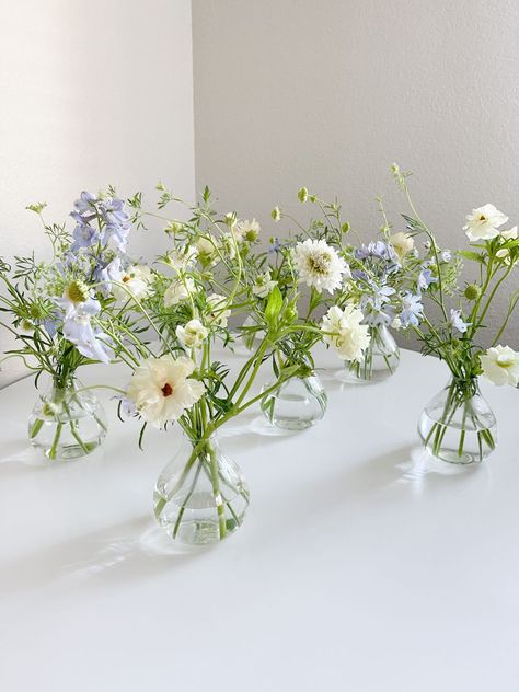 Blue Simple Wedding Decor, Delicate Flower Centerpiece, Bud Vases With Eucalyptus, Flower In Small Vase, Blue Flower Bud Vase, Dried Floral Bud Vase, Flower Center Piece For Tables Simple, Simple Blue And White Bouquet, Bud Vases White And Blue Flowers