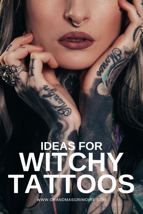 ideas for witchy tattoos At Peace Tattoo Ideas, Tattoos Of Womens Face, Wiccan Symbols Tattoo, Tattoos Of Witches, Which Tattoos For Women, Pagan Chest Tattoo Female, Modern Witch Tattoo, Finger Witch Tattoo, Vintage Women Tattoos