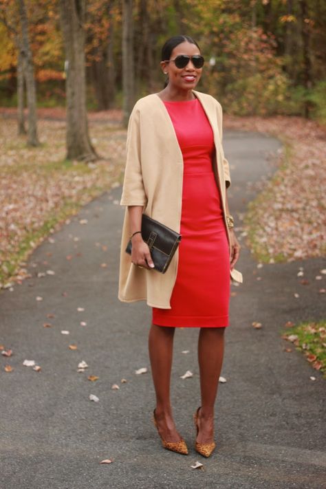 Red and Tan « Mood Designer Fabrics Sewciety Blog Elegant Red Cardigan For Fall, Chic Red Fitted Cardigan, Classic Fitted Red Cardigan, Classic Red Cardigan For Layering, Red Jumper Outfit, Red Cardigan For Work, Fall Season, Red Trousers Outfit, Autumn Fashion Work, Camel Outfit