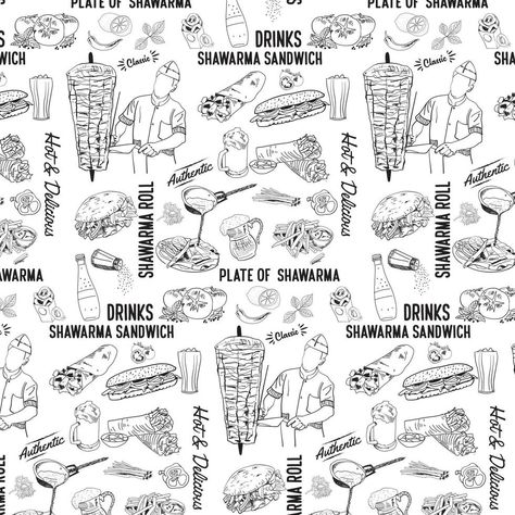 Shawarma cooking and ingredients for kebab pattern Shawarma Background Design, Shawarma Restaurant Design, Shawarma Shop Design, Shawarma Design, Shawarma Logo, Shawarma Place, Shawarma Ingredients, Mardi Gras Background, Food Stall Design