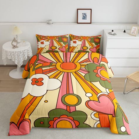 PRICES MAY VARY. Size : Queen Size Bedding Sets For Girls Teen Women includes 1 Groovy Flower comforter (90 by 90 inches) and 2 pillow cases (20 by 30 inches). Machine washable and tumble dryable at low temperature for easy care. Do not bleach. Soft Fabric - Our 60s 70s Hippie comforter set with premium microfiber offers exceptional softness and breathability, which brings you excellent body feelings and creates a comfortable sleep for you. The material is weaved by complicated post-grinding pro 1970s Bedroom Decor, Groovy Bedroom, Retro Bedding, Rainbow Bedding, Flower Comforter, Groovy Flowers, Apt Decor, Retro Bed, Floral Comforter Sets