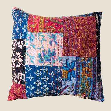 Colourful Patchwork Cushion Cover These beautiful cotton kantha cushion covers are sure to bring a dash of colour and vibrancy to your home. Upcycled and ethically handmade from fabric scraps by traditional Rajasthani tailors. Each eye catching cover is unique and features detailed running lines of kantha stitching front side with a solid colour back. You may find slight imperfections not faults showing only the recycled, handmade character. · 100% cotton · Recycled · 16'' x 16'' (41cm x 41cm) · Patchwork Diy, Kantha Cushions, Japanese Quilts, Quilt Square Patterns, Patchwork Cushion, Crazy Patchwork, Patchwork Quilt Patterns, Patchwork Pillow, Patchwork Fabric