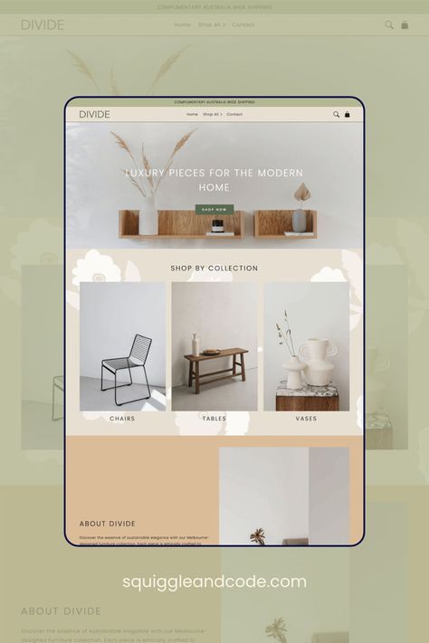 A website selling furniture featuring Shopify Theme - Divide. At the top there is a large banner image, followed by a grid of images, with a floral background. The design is minimalist, but lux. Ecommerce Website Layout, Furniture Store Website, Store Website Design, Ecommerce Website Template, Website Design Layout, Website Layout, Shopify Store, Website Inspiration, Shopify Theme