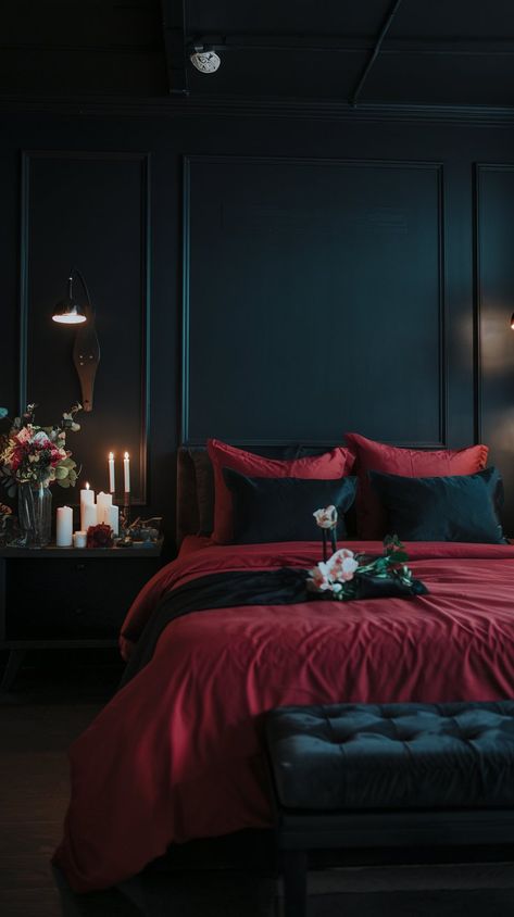 Create enchanted nights in a bedroom that whispers romance with its dramatic black and red palette. Rich fabrics and sensuous decor invite you to unwind and indulge. Highlighted by soft ambient lighting and romantic art, this oasis is designed for cozy evenings filled with laughter and whispers. Transform your space into the ultimate love nest! 🔥💖 Black And Burgundy Bedroom, Black And Red Bedroom Aesthetic, Black And Red Bedroom, Red And Black Bedroom, Red Black Bedrooms, Black Bedroom Aesthetic, Dark Gray Bedroom, Red Comforter, Red Palette