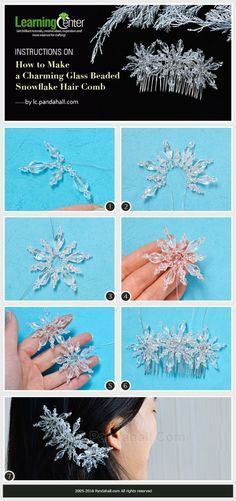 Snowflake Hair, Beaded Snowflake, Pola Manik, Beaded Snowflakes, Diy Headband, Hair Combs, Beaded Ornaments, Hair Beads, Jewelry Making Tutorials