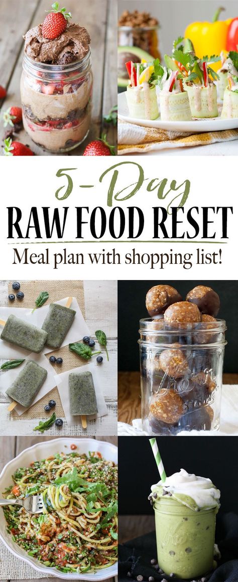 5 Day Raw Food Reset. Easy raw food recipes full of flavor and simple to put together. Healthy raw food recipes. #vegan #raw #glutenfree #plantbased #shoppinglist #mealplan via @veggiesdontbite Food Reset, Raw Vegan Dinners, Raw Food Diet Plan, Raw Food Cleanse, Raw Vegan Diet, Vegan Raw, Vegan Meal Plans, Raw Diet, Raw Food Diet