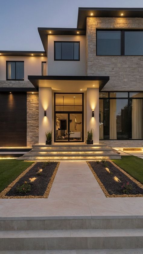 Front Of Homes Ideas, House Inspiration Exterior Modern, Villa Outside Design, Two Story House Design Exterior, Small House Design Ideas Exterior, New Home For Vision Board, Dream House Modern Luxury, Contemporary Two Story House Exterior, Houses Vision Board