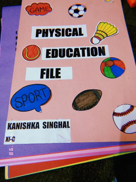 Ideas to decorate your phe file.. Physical Education Project Cover Page, First Page Of Project, Folder Cover Design, Design For Project, Cover Page For Project, File Cover, Book Cover Page Design, Creative Book Cover Designs, Project School