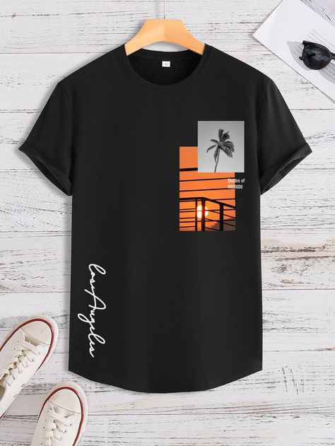 Black Casual Collar Short Sleeve Polyester Letter,Tropical  Embellished Slight Stretch Summer Men Tops Summer Tshirt Designs, Shirt Logo Design, Shirt Design Inspiration, Men Tshirt, Mens Summer T Shirts, Shirt Print Design, Cool Outfits For Men, Tee Shirt Designs, Tee Shirt Homme