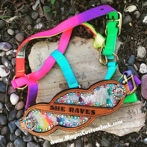 Magics Custom Tack Rainbow or tie dye nylon bronc halter with blingy leather noseband and horse’s name stamped into it!  Www.magicscustomtack.com Magicscustomtack@hotmail.com Rainbow Horse Tack, Bronc Noseband, Squad Challenge, Barrel Racing Tack Sets, Bling Horse Tack, English Horses, Horses Tack, Horse Tack Diy, Bronc Halter