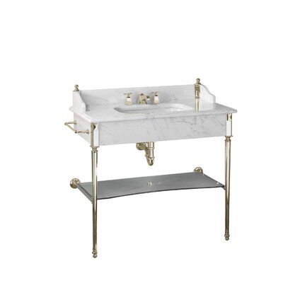 Being inspired by the English design of the late 19th-century, this console is a small masterpiece of formal harmony. High-quality materials: Precious white Carrara marble for top and raised back, turned brass for legs, and tower rail. Sink Finish: White/Polished Nickel Marble Sink Bathroom, Console Sink Bathroom, French Vanity, Bathroom Console, Sink Skirt, Console Bathroom Sink, Powder Room Remodel, Powder Room Sink, Devon Devon