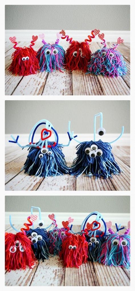 lil love monsters. Valentine's Day craft that all the kids LOVE! Yarn Monsters, Love Monsters, Monster Valentines, Monster Craft, Valentinstag Party, Valentine's Day Crafts For Kids, Love Monster, Valentine Projects, Craft Day