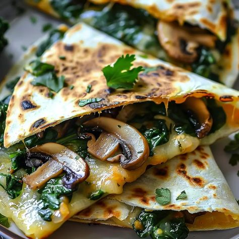 Spinach and Mushroom Quesadillas Spinach And Mushroom Quesadilla Recipes, Baked Mushroom Spinach Quesadilla, Mushroom And Spinach Quesadilla, Spinach Tomato Quesadilla, Mushroom Quesadillas Recipes, Baked Spinach And Mushroom Quesadilla, Chicken Spinach Mushroom Quesadilla, Spinach And Mushroom Quesadilla, Mediterranean Mexican Recipes