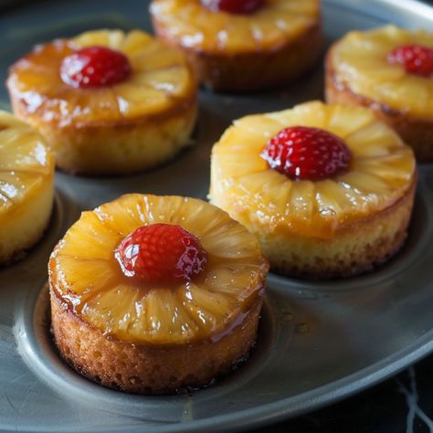 Easy Pineapple Upside-Down Mini Cakes top recipes in 2024 Chocolate Pineapple Upside Down Cake, Upside Pineapple Cake, Pineapple Upside Down Cupcakes Homemade, Mini Pineapple Upside Down Cheesecake, Mini Upside Down Pineapple Cake, Pineapple Upside Down Cheesecake, Upside Down Pineapple Cake, Pineapple Upside Cake, Pineapple Upside Down Cakes