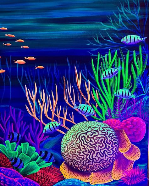 Original black light flourescent acrylic painting on stretched 16x20 canvas. Sides are painted, no need for a frame. Made ready to hang. Artwork is signed by Artist. Great piece to hang above your aquarium, or in a black light room. Coral Reef Painting Acrylics, Coral Reef Painting, Reef Painting, Black Light Room, Fluorescent Painting, Sea Monsters Drawing, Coral Painting, Uv Painting, Light Artwork