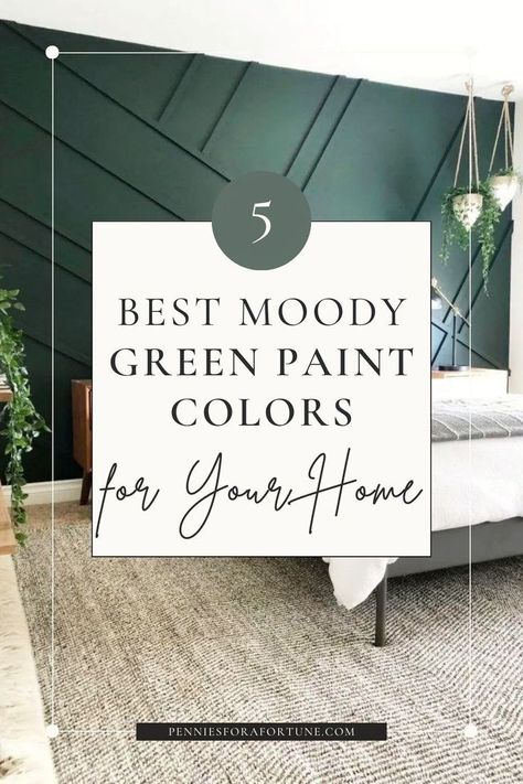 These are five best moody green paint colors for your home! Refresh your rooms and give your home a stylish DIY makeover on a budget with one of these moody green paint colors, perfect for creating a modern cottage style. These green paint colors will transform your home into the perfect soothing oasis. Painting a room is one of the cheapest ways to improve your home on a budget, and these are the best green paint colors for your bedroom, bathroom, living room, or kitchen! Dark Rich Green Paint, Deep River Green Valspar, Best Emerald Green Paint Colors Bedroom, Green Wall Basement, Green Paint Bedroom Walls, Benjamin Moore Amazon Green, Pine Green Living Room, Dark Green Wall Paint Colors, Green Room Paint Ideas