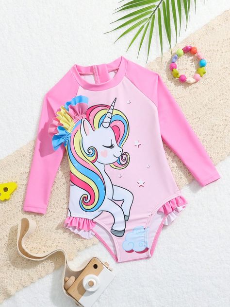 Unicorn Print, Monokini, Kids Beachwear, Girls Clothing, Ruffle Trim, Raglan Sleeve