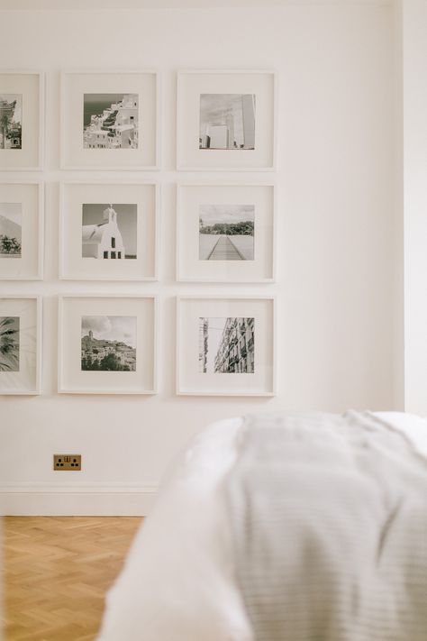 Claire's Characterful Edwardian Semi | The Master Bedroom and Garden Edwardian House Interior Master Bedrooms, Ias House, Oak Chevron Floor, Bedroom Edwardian, Hallway Photos, Monochrome Gallery Wall, Monochrome Interiors, Master Victorian Bedroom Ideas, Gallery Wall Design