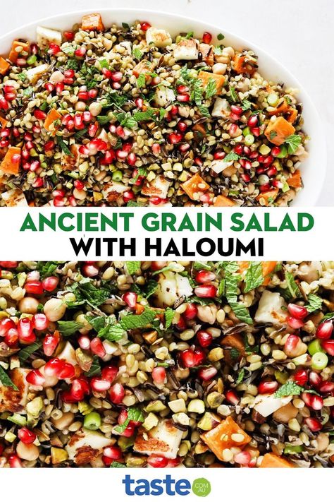 There are many versions of ancient grain salad, which isn’t surprising after you’ve tried it: it’s hearty, healthy and incredibly delicious. It’s fabulous as a side to any meat dish, but also substantial enough to serve as a main for vegetarians. Freekeh and wild rice combine to make the ancient grain mix, while we added haloumi as an extra salty treat, plus mint for freshness and pomegranate for sweetness. Ancient Grain Salad, Freekeh Recipes, Ancient Grains Salad, Haloumi Recipes, Grain Salad Recipes, Farro Recipes, Meat Dish, Grain Salad, Low Carb Salad