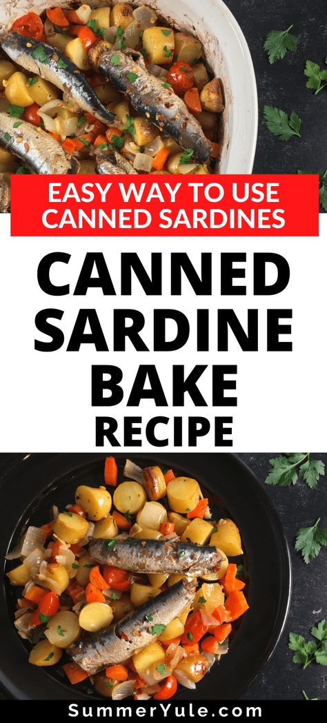 Wondering how to cook canned sardines? Try my delicious baked canned sardines recipe! This roasted canned sardine bake is packed with ingredients you probably already have in the pantry. Whether you’re a sardine lover or not, you’ll love how tinned fish adds depth and briny flavor to this simple casserole dish. Learn how long to bake canned sardines, get nutrition info, and more! #glutenfree #lowcalorie #dinner #healthy #sardines Tin Sardines Recipes, Recipes Using Canned Sardines, Can Sardines Recipes, Sardine Recipes Canned Easy, Tinned Sardine Recipes, Canned Sardines Recipes, Sardine Recipe, Sardine Recipes Canned, Sardines Recipes